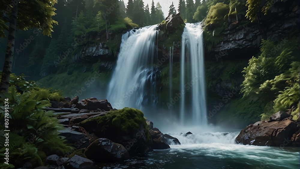 Fototapeta premium Enchanted Cascades: Forest Waterfall Wonder
