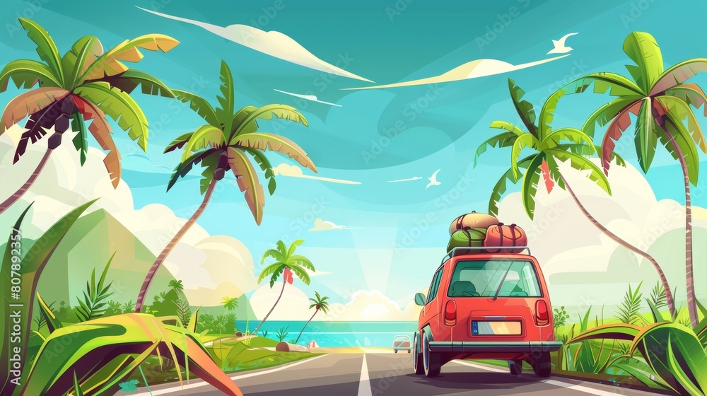 Summer road trip, family camping along highway with palm trees by sides. Car with bags on roof and tourists traveling in tropical landscape. Cartoon modern illustration of summer camping surrounded