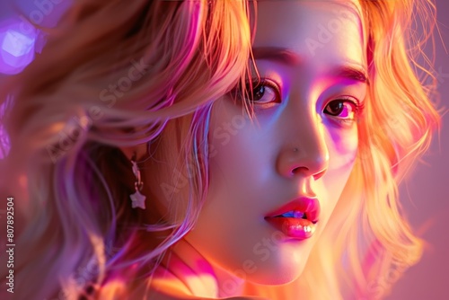 beautiful korean woman portrait dye orange hair on bokeh style background