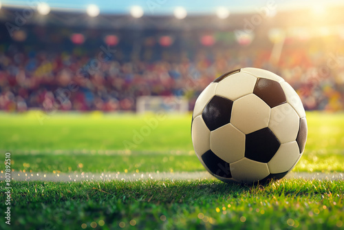 A soccer ball on a green field in soccer football stadium during game