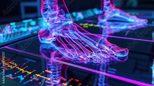 An Xray scan of a human foot and ankle displayed on a 3D rendered medical screen, illuminated with neon colors to showcase detailed bone and joint structures photo