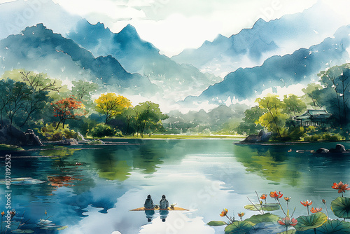 A group of friends having a picnic by a tranquil lake, surrounded by lush greenery and blooming flowers. Watercolor style, FriendshipDay background photo