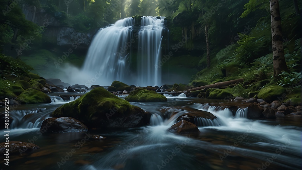 Fototapeta premium Enchanted Cascades: Forest Waterfall Wonder