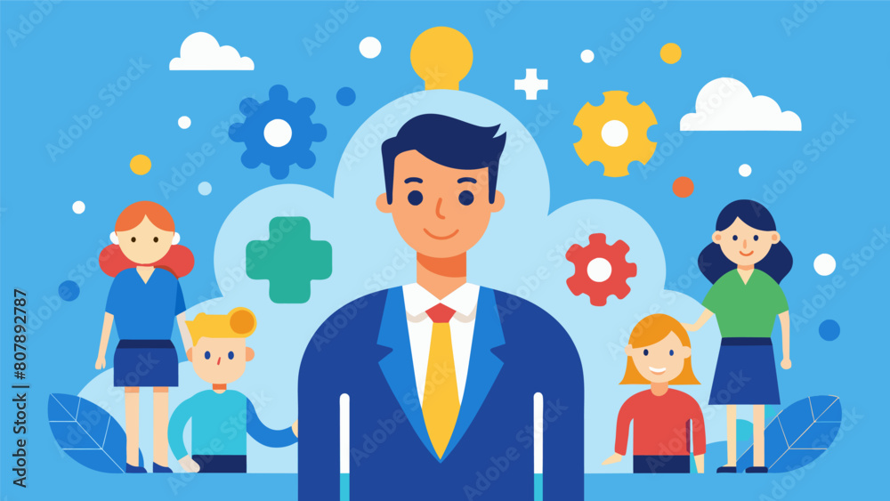 A CEO with autism implements a highly structured and inclusive work environment leading to a diverse team and high employee satisfaction.. Vector illustration A CEO with autism implements a highly structured and inclusive work environment leading to a diverse team and high employee satisfaction.. Vector illustration