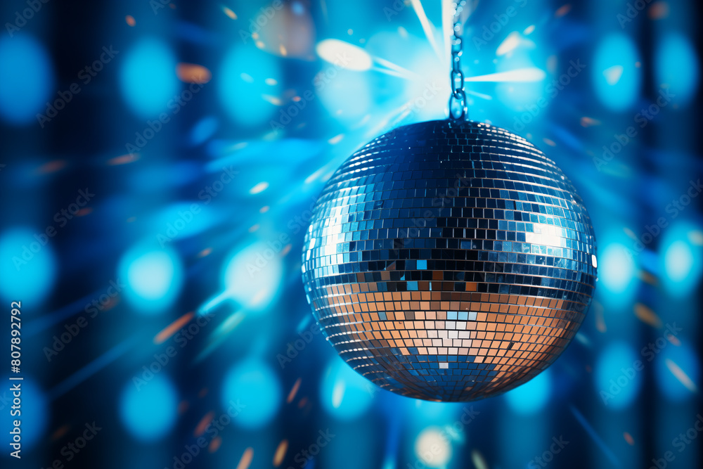 Fototapeta premium A disco ball is suspended from the ceiling at party, reflecting the lights