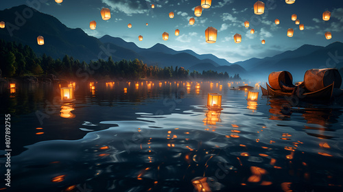 Lanterns fly in sky at river, Flying lanterns in the night sky during the DiwaNight sky with flying lantern, Lanterns fly in sky at the river, Flying lanterns in the night skli festival Ai generated,
 photo