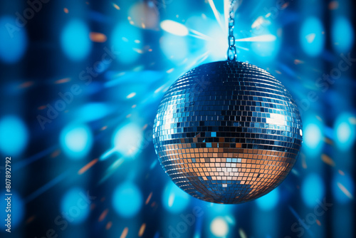 A disco ball is suspended from the ceiling at party, reflecting the lights