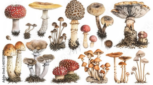 botanical illustration of fungi species of mushrooms, including a brown mushroom, a white mushroom, and a white mushroom, arranged from left to right photo