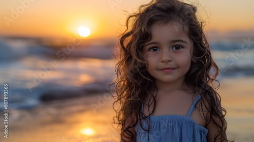an adorable little girl with long curly brown hair standing on the beach at sunset, looking into the camera, with a cute face, in natural light. generative AI © yj