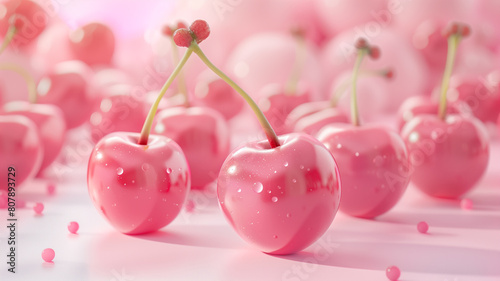 Group of pink cherries on table