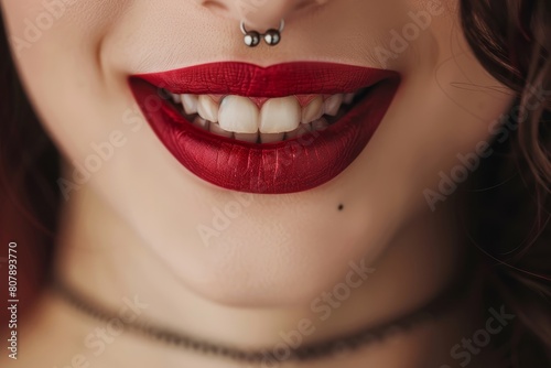 Close-Up of Bold Red Lips with Nose Piercing  Fashion Beauty Concept