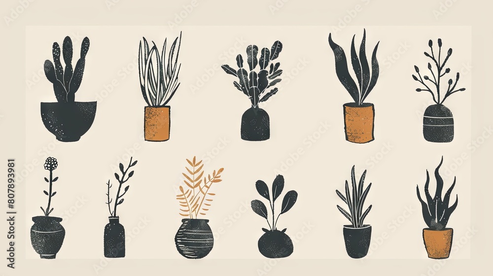 Fototapeta premium Rustic hand-drawn potted plant collection for cozy home decor