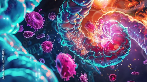 A digital medical presentation of cancerous cells in the intestines, employing neon effects to clearly illustrate the transition from microscopic to macroscopic views photo