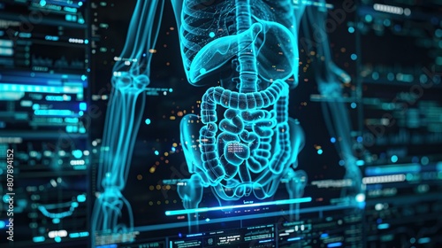A detailed Xray of the gastrointestinal system enhanced with visual effects reminiscent of the Matrix, blending medical imaging with cyberpunk aesthetics photo