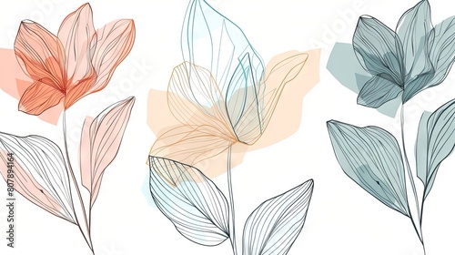 Abstract floral line art with pastel color accents