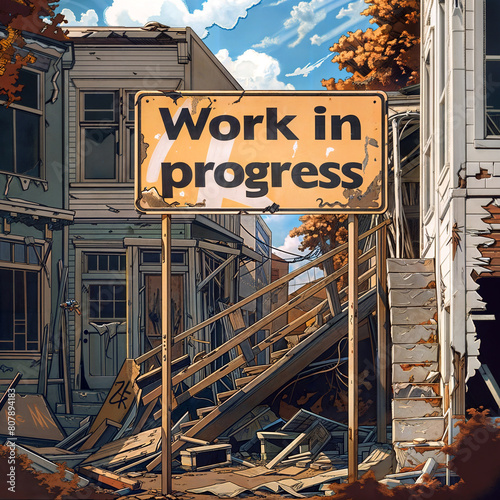 A rusted yellow metal Construction sign that says “Work In Progress” placed in front of the old ruined houses.