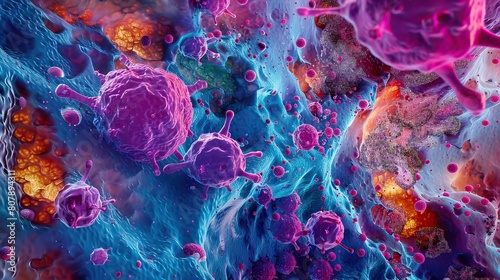 A detailed neonlit micrograph of cancer cells, showing both micro and macro perspectives to enhance understanding in a medical educational setting