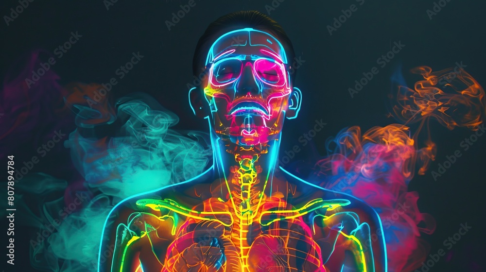 A conceptual art piece featuring a chest Xray of a healthy man, where each organ, including the diaphragm, is accentuated with neon, blending medical imaging with modern aesthetics