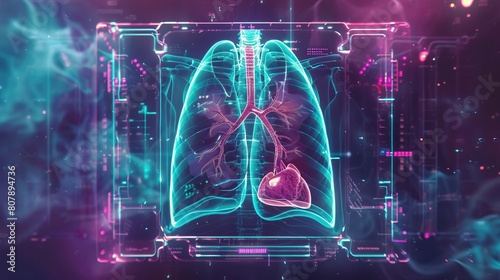 A conceptual chest Xray showing a normal heart, lungs, and diaphragm, set in a sythwaveinspired frame that adds a touch of 80s nostalgia to modern medical imaging photo