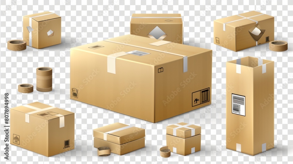3D modern mockup of cardboard boxes. View of cargo or parcel packages from front, sides, top and back. Realistic open or closed cartons for goods, isolated packs for freight shipping. 3D modern mockup of cardboard boxes. View of cargo or parcel packages from front, sides, top and back. Realistic open or closed cartons for goods, isolated packs for freight shipping.