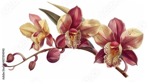 botanical illustration of rare orchid species featuring red and yellow flowers  a yellow flower  and a green leaf