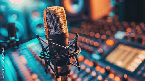 Professional microphone in a music recording studio, on the background of a blurred recording studio. Horizontal banner. Background.