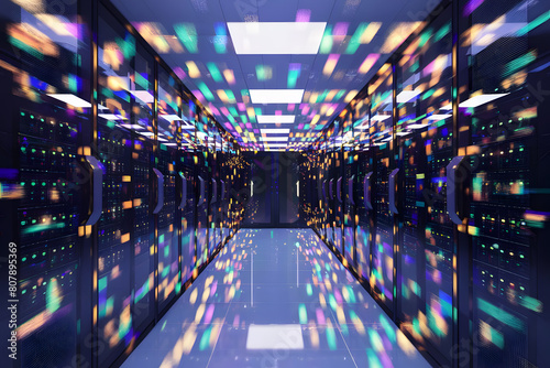 Advanced Data Center with Futuristic Server Racks Illuminated by Neon Lights