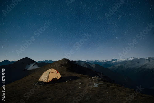 Starry Night Over a Solitary Tent on a Mountain Ridge with Snow-Capped Peaks