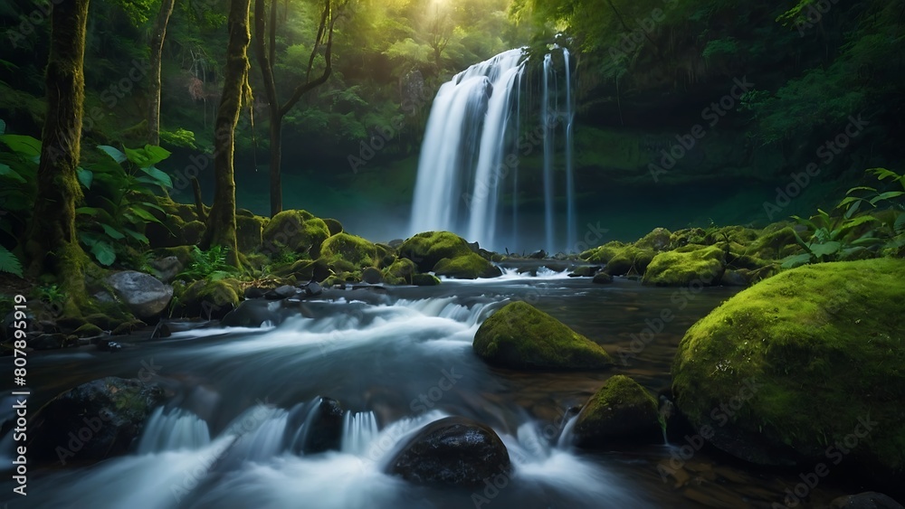 Fototapeta premium Emerald Cascades: Serene Forest Waterfall