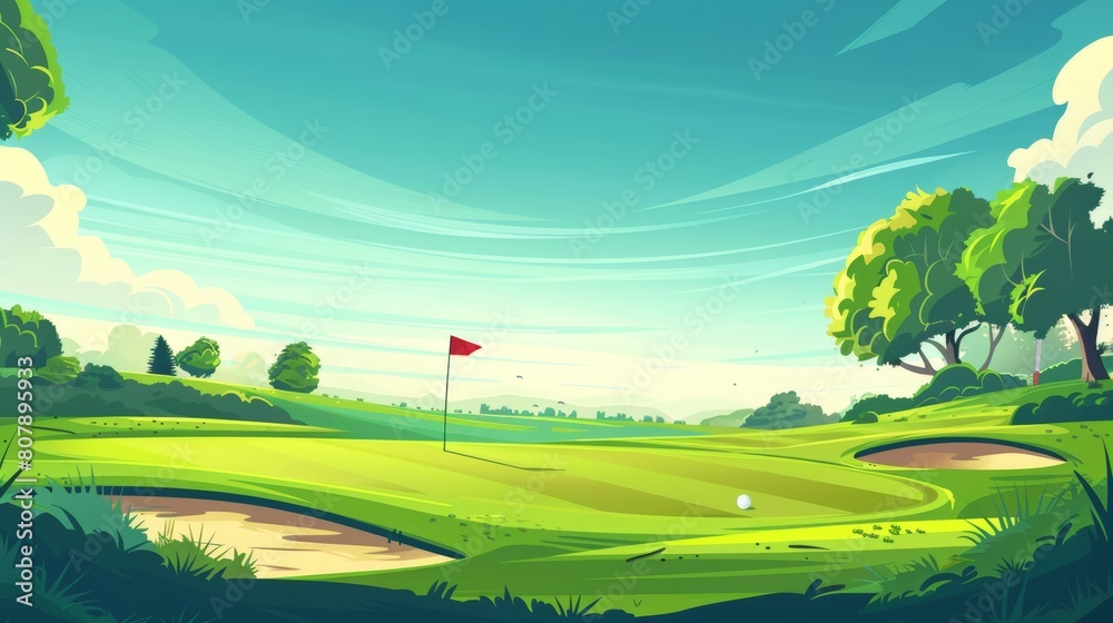The golf course is green grass, with sand bunkers and red flags, and white balls. The modern parallax background can be used for two-dimensional animation with cartoon summer landscape of the golf