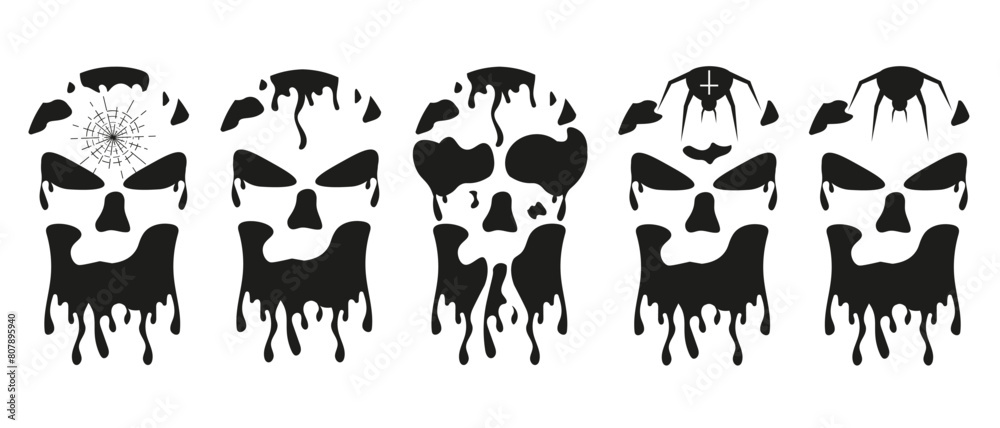 Obraz premium Vector Skull Set isolated transparent background. Flowing Grunge Skulls for Halloween card, banner, poster Design. Horror Simple graphic. EPS 10 