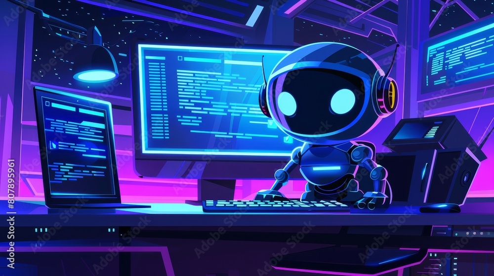 Cartoon posters featuring a cute robot guarding a computer monitor screen against viruses, hackers, and cyber attacks.