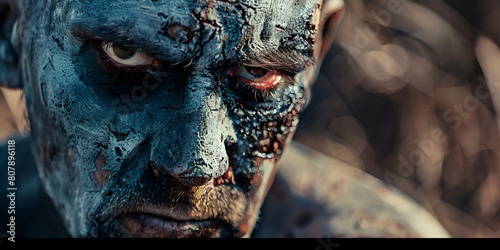 A man with blue skin and a blue face with the word mordor on the front with gray background photo