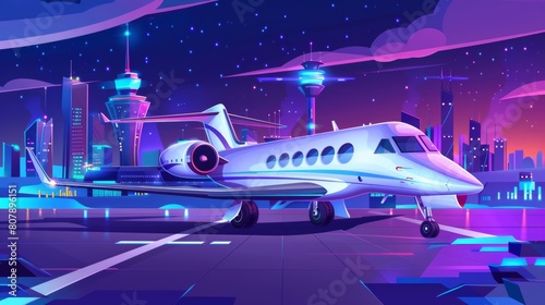 An airport terminal and private jet on the runway strip at night. Modern cartoon illustration of a landscape with a small airport building, a luxury plane landing on a runway field, and a city photo