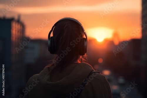 A brunet girl listens to music with headphones looks at the sunset. photo