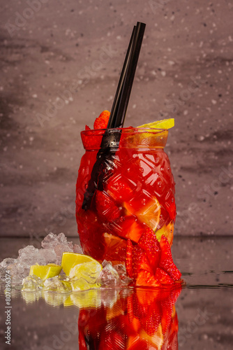 Cocktail analcolico alla frutta con fragole, ghiaccio e lime servito in un cocktail bar