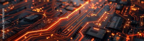 An electronic circuit board with orange glowing lines and components. photo