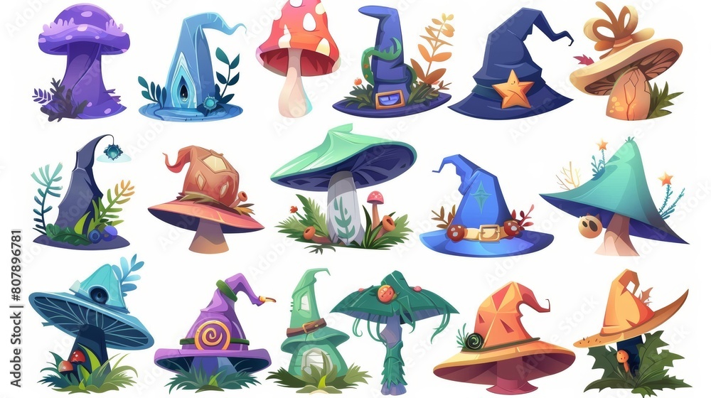 Set of witch hats cartoon modern. This set of witch hats cartoon modern features mushrooms, plant branches, leaves, eyeballs, and stars. This set is suitable for Halloween party costumes for