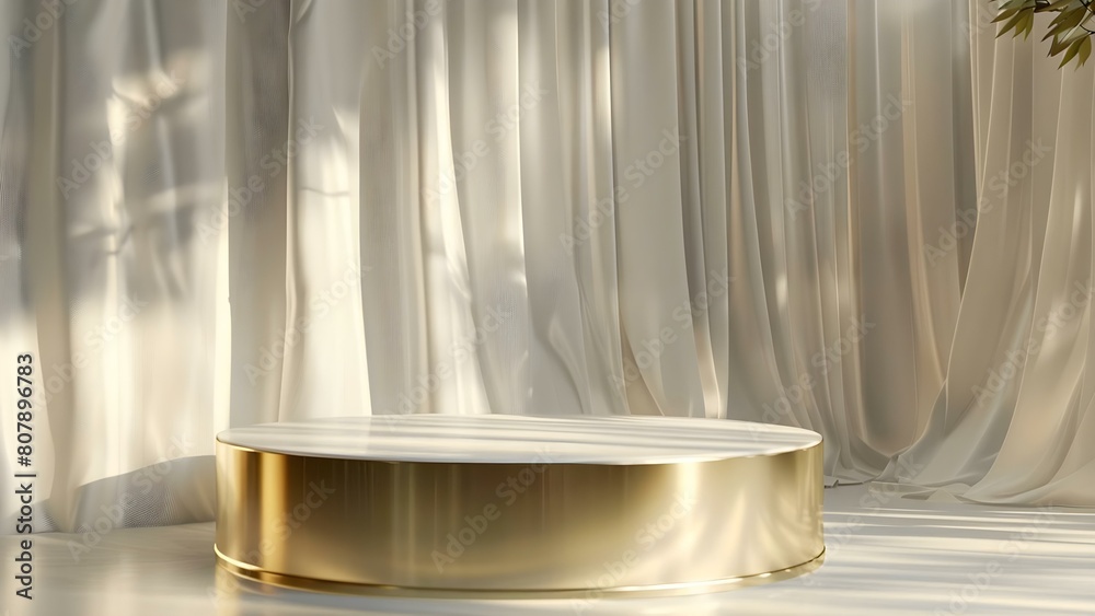 Elegant gold pedestal bathed in sunlight with white curtain backdrop for product presentation. Concept Product Presentation, Gold Pedestal, Elegant Setting, Sunlight Bathed, White Curtain Backdrop Elegant gold pedestal bathed in sunlight with white curtain backdrop for product presentation. Concept Product Presentation, Gold Pedestal, Elegant Setting, Sunlight Bathed, White Curtain Backdrop