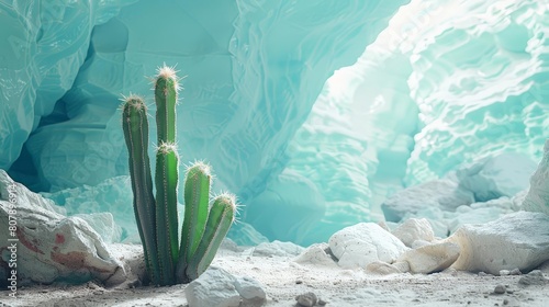 cactus plant with cave background, featuring a green cactus and a white rock photo