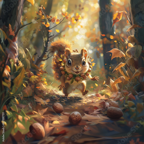 Cartoon squirrel in the woods with nuts, generated AI