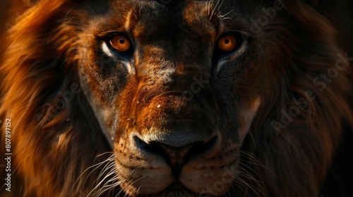 A close-up of a lion s face  showcasing its piercing amber eyes and powerful jaws  exuding strength and majesty 