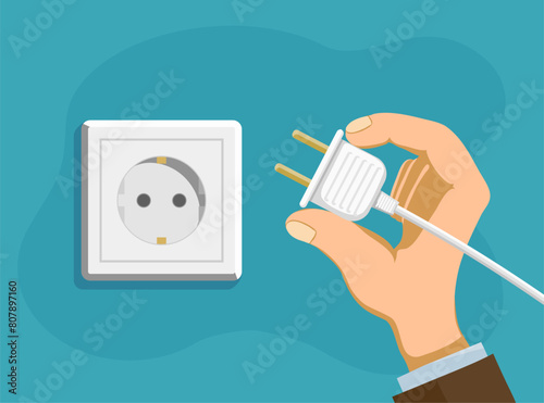 Human hand holds an electrical plug in front of an electrical outlet. Vector stock illustration © Trifonenko Ivan