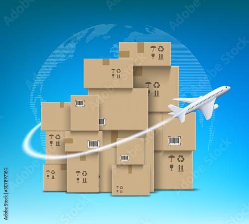 Flying plane against the background of a stack of cardboard boxes. Transportation and delivery of cargo. Stock vector illustration © Trifonenko Ivan
