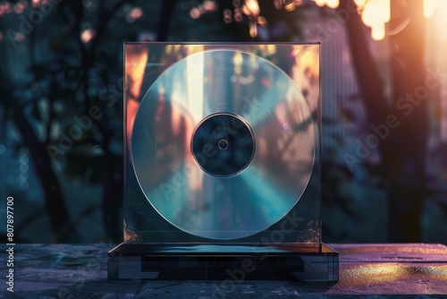 Cd sitting on a wooden table in front of a tree. Music background 