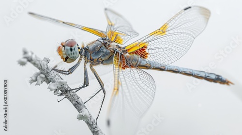 close - up of dragonfly resting on twig against a white sky, with a yellow wing visible in the foreground