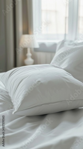 White pillow on a bed with a white blanket. Vertical baclground 