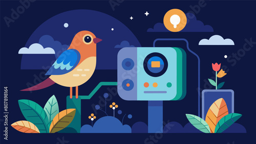 A revolutionary habitat controller that uses sensor technology to provide a comfortable and safe living space for exotic birds day and night.. Vector illustration photo