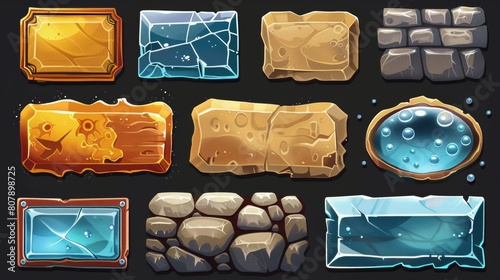 Different textures for start buttons in game menu interfaces. Modern cartoon set of active, normal, hover and rusty iron buttons with frames made of ice, jelly, metal, brick, and rusty iron. photo