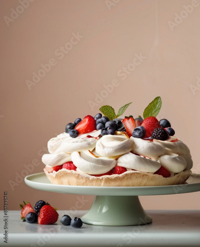 Beautiful Pavlova cake - a meringue-based fruity dessert, served on the table photo